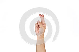 Asian Thai male hand cross finger for goodluck on the clear white background