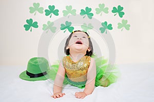 Asian Thai Sweet Baby Girl in Green Dress, Saint Patrick`s Day