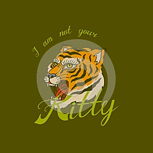Asian Tiger or kitty for t-shirt. Face or Head of Wild Animal Predator for vintage banner or poster. Portrait Japanese