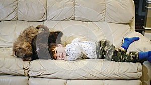 An Asian toddler is playing with two puppies on the couch. Children and their pets concept