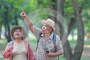 Asian tourists carry backpacks, go hiking, use birdwatching cameras and explore the grounds of national parks