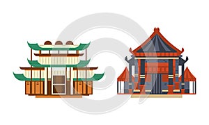 Asian Traditional Architectural Buildings Set, Ancient Eastern Cultural Objects, Pagoda Palace Temple Facades Flat