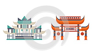 Asian Traditional Buildings Set, Ancient Eastern Cultural Objects, Pagoda Palace Traditional Temple Facades Flat Vector