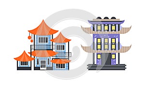 Asian Traditional Buildings Set, Ancient Eastern Cultural Objects, Pagoda Traditional Temple Facades Flat Vector