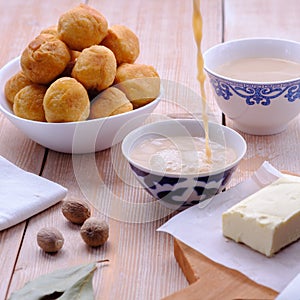 Asian traditional dish. Mongolian, Kalmyk, Buryat, Tibetan, Tuvan tea. Tea with milk, salt, butter, nutmeg, Bay leaf, black pepper