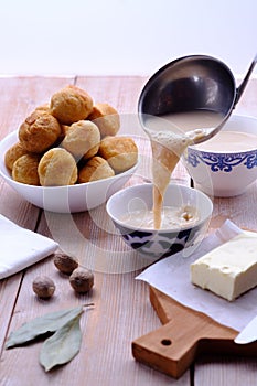 Asian traditional dish. Mongolian, Kalmyk, Buryat, Tibetan, Tuvan tea. Tea with milk, salt, butter, nutmeg, Bay leaf, black pepper