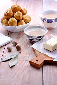 Asian traditional dish. Mongolian, Kalmyk, Buryat, Tibetan, Tuvan tea. Tea with milk, salt, butter, nutmeg, Bay leaf, black pepper