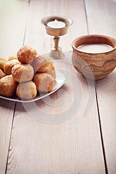 Asian traditional dish. Mongolian, Kalmyk, Buryat, Tibetan, Tuvan tea. Tea with milk, salt, butter, nutmeg, Bay leaf, black pepper