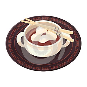 Asian traditional dish Tsukimi dango. Korean rice balls with syrup. Japanese traditional sweet. Vector flat drawn illustration for photo