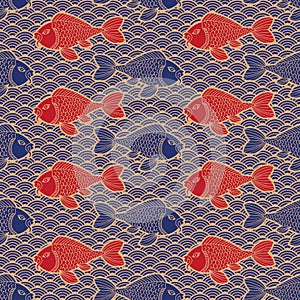 Asian traditional ornament. Catfish and waves. Dark blue and gold colors. Seamless pattern. Nautical oriental background.