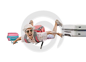 Asian traveling man flying with luggage bag crazy face isolated