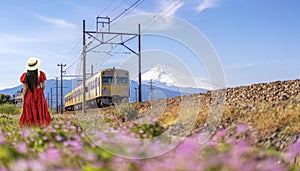 Asian traveller woman in red dress on the flower garden in Train station