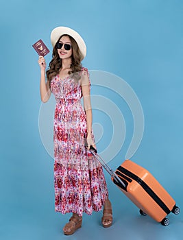 Asian traveller woman in red dress and travel bag