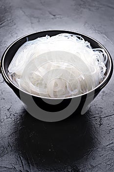 Asian uncooked vermicelli. Several bundles or rolls of dried starch mung beans,potatoes, rice, glass or cellophane noodles.