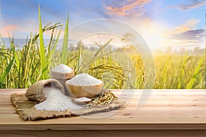 Asian uncooked white rice with the sunset rice field background and burlap sack on wooden table