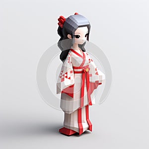 Asian Voxel Art: 3d Illustration Of A Female Character In Traditional Kimono