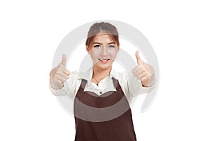 Asian waitress in apron show 2 thumbs up