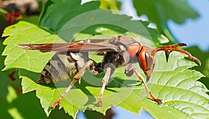 Asian wasp on a vibrant green leaf