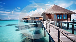 Asian water villas and beautiful sea at sunny day, travel, holidays and resorts concept photo