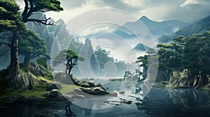 Asian Waterfall Landscape Wallpaper: Moody Tonalism, Serenity And Harmony