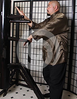 Asian Wing Chun Instructor Practicing Wooden Dummy Form