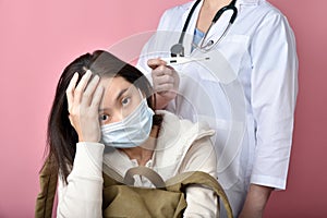 Asian woman backpacker get sick and high fever temperature, Traveler and tourist spread coronavirus disease.