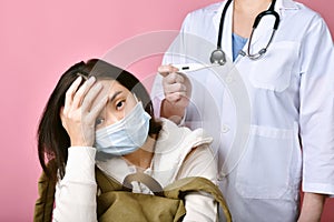 Asian woman backpacker get sick and high fever temperature, Traveler and tourist spread coronavirus disease