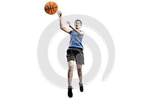 Asian woman basketball player in action with the ball