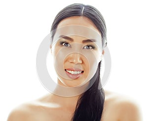 Asian woman beauty face closeup portrait. Beautiful attractive mixed race Chinese Asian / Caucasian female model with