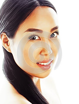 Asian woman beauty face closeup portrait. Beautiful attractive mixed race Chinese Asian Caucasian female model with