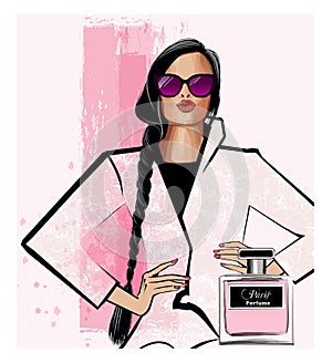 Asian woman with braid wearing sunglasses advertising for fragrance