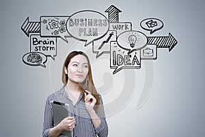 Asian woman and business speech bubbles