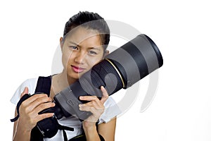 Asian woman with cam and tele photo