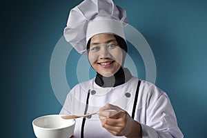 Asian Woman Chef Making Soup, Chef Tasting Soup From White Bowl