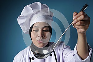 Asian Woman Chef Making Soup, Chef Holding Kitchen Tool Ladle