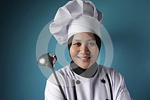 Asian Woman Chef Making Soup, Chef Holding Kitchen Tool Ladle