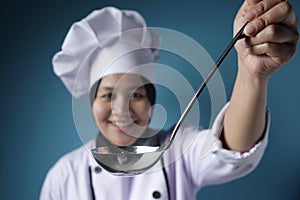 Asian Woman Chef Making Soup, Chef Holding Kitchen Tool Ladle