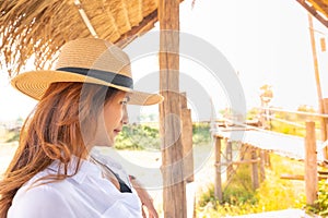 Asian woman with countryside background at Phrathat San Don temple