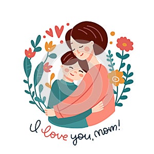 Asian woman cuddling her child. Mom hugging her son with a lot of love and tenderness. Mother's day holiday isolated