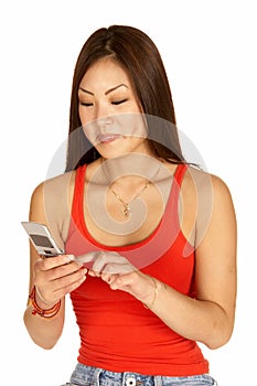 Asian Woman Dialing Cell Phone