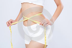 Asian woman diet and slim with measuring waist for weight isolated on white background, girl have cellulite and calories loss wit