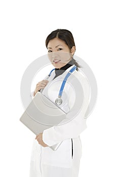 Asian woman doctor or nurse holding a laptop computer