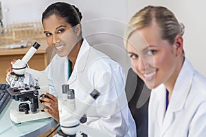 Asian Woman Doctor Scientist Using Microscope In Laboratory