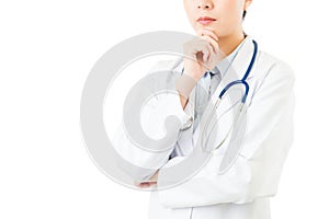 Asian woman doctor with stethoscope hand on chin thinking