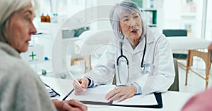 Asian woman, doctor and talking to couple in clinic for hospital assessment, test results and healthcare support. Female