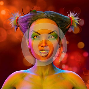 Asian woman doing cross-eyed face in colorful bright neon lights posing in studio