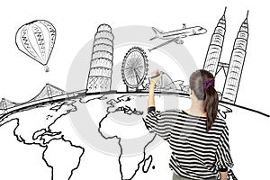 Asian woman drawing or writing dream travel around the world