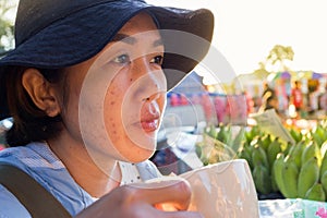 Asian woman drinking supplementary food beverage facial acne and