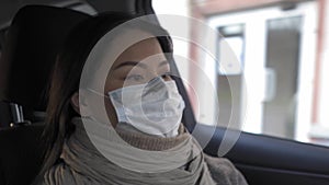 An asian woman driving car wearing pollution mask in the empty quarantined Covid 19 pandemic city. Asian woman riding to