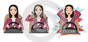 Asian woman driving a car. woman driving a car talking on the phone. The woman had an accident. crash